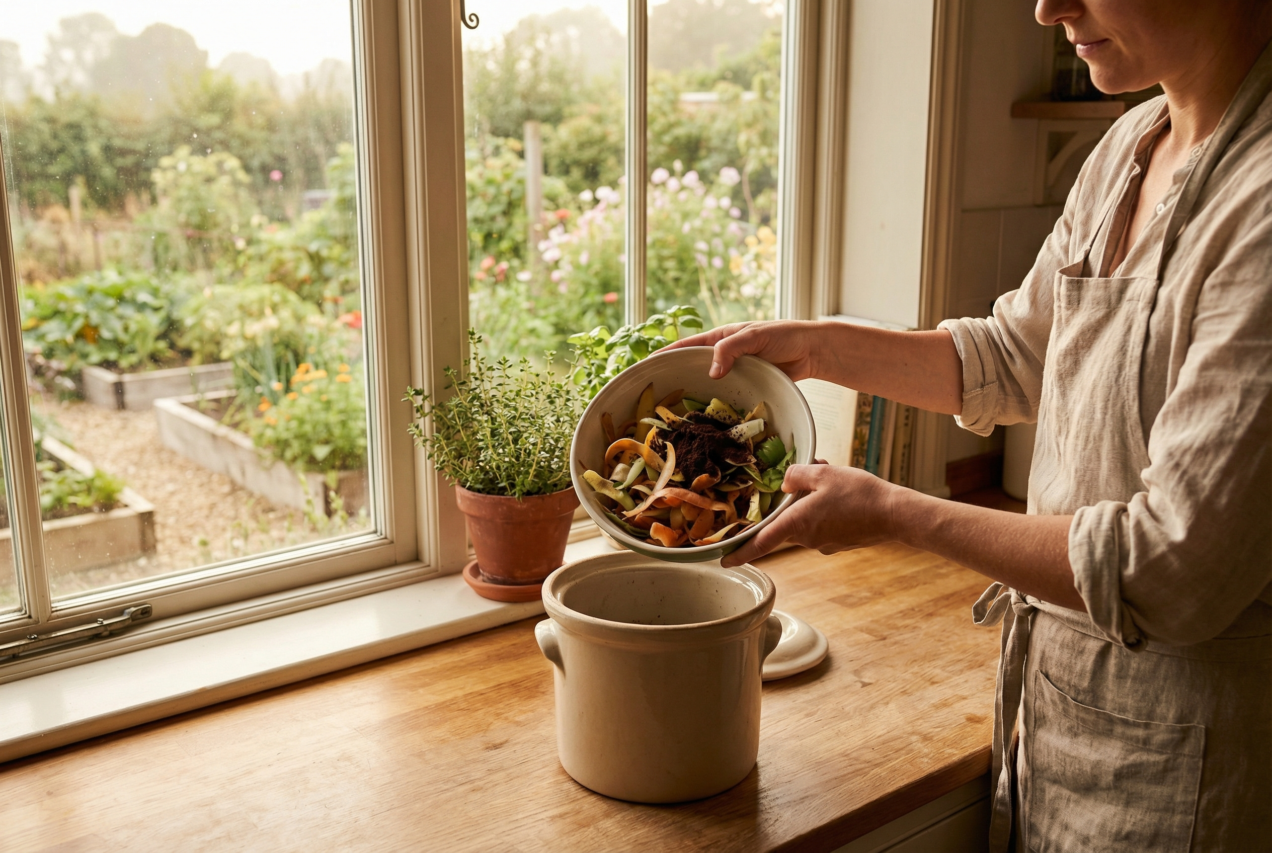 Person in a home kitchen adding food scraps to compost bin with soft natural light. Window shows thriving garden outside. Symbolic connection between indoors and outdoors. 