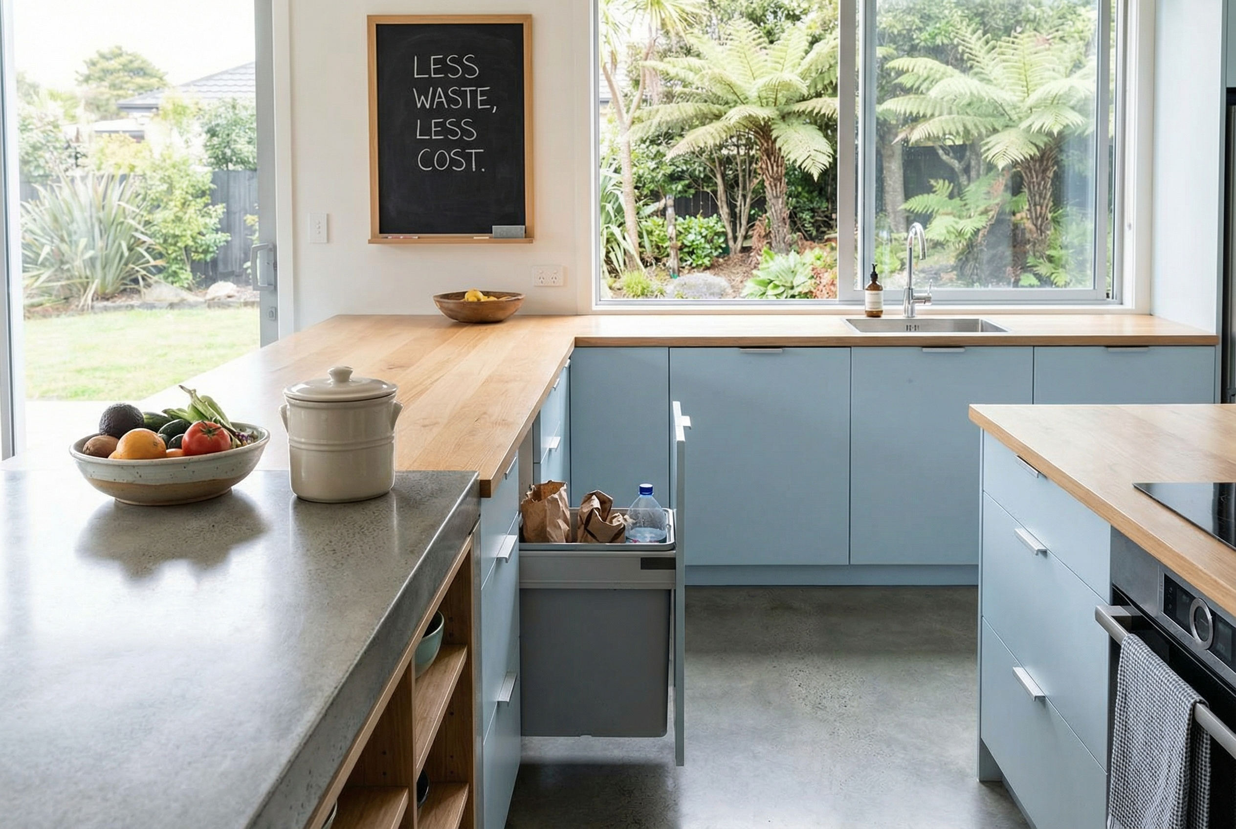 Modern NZ household kitchen with small compost bin on bench and minimal rubbish in trash bin. Calm, organized space.
