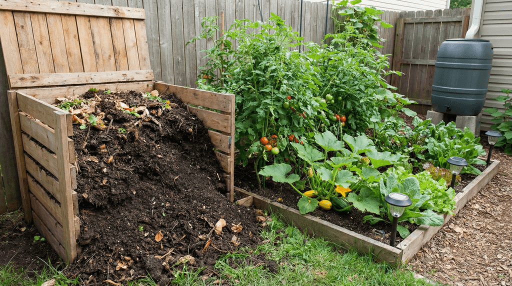 A photo of a compost pile and vegetable garden side by side, depicting why composting is the unsung hero of a sustainable home.