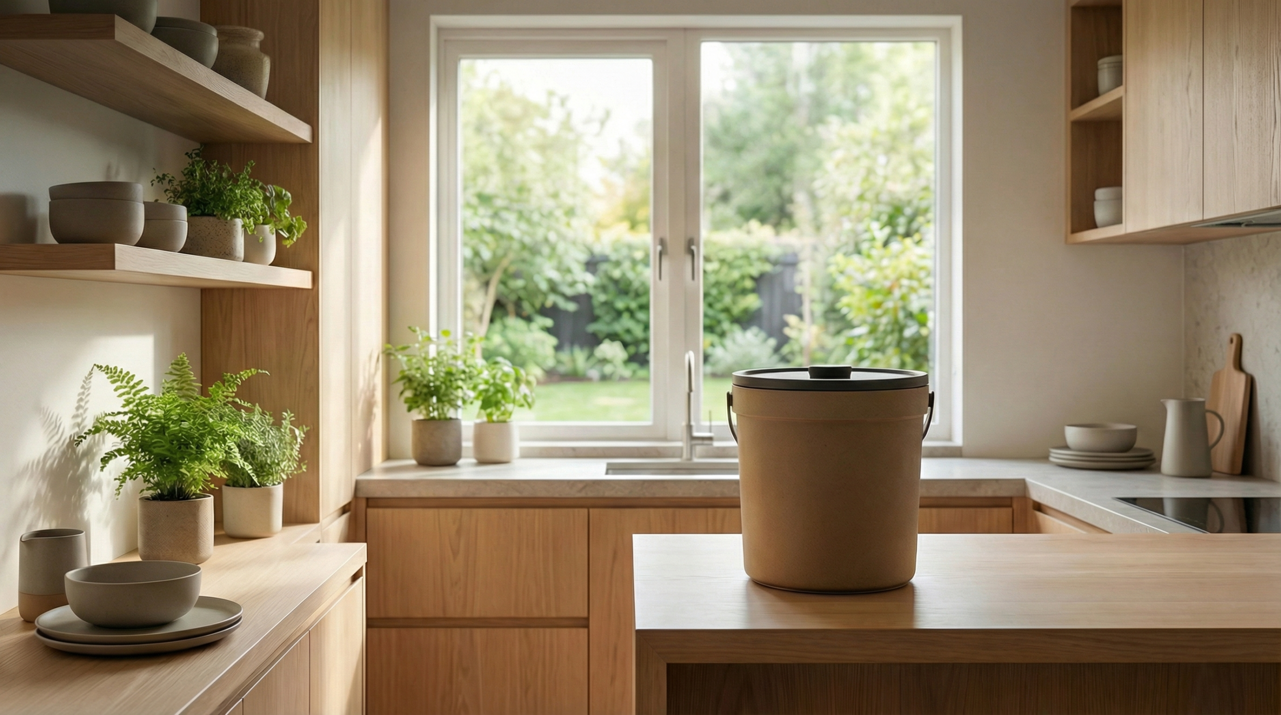 Bright, modern kitchen in a New Zealand home with a Bokashi Zing compost bucket sitting neatly on the bench. Soft natural light coming through a window with greenery outside. Subtle indoor plants around the kitchen.