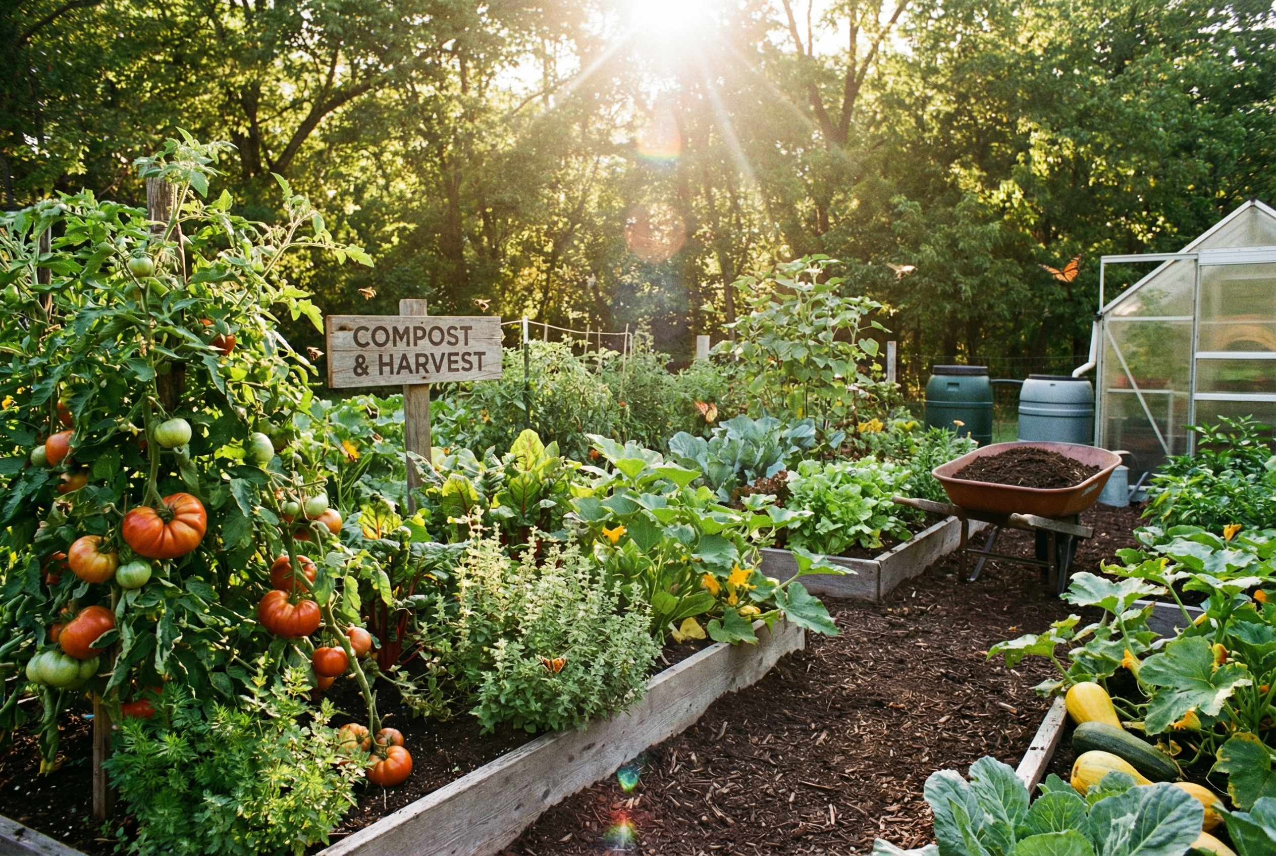 Bright, inviting image of lush vegetable garden thriving from compost-enriched soil. Sunlight glowing over healthy greens and herbs. 