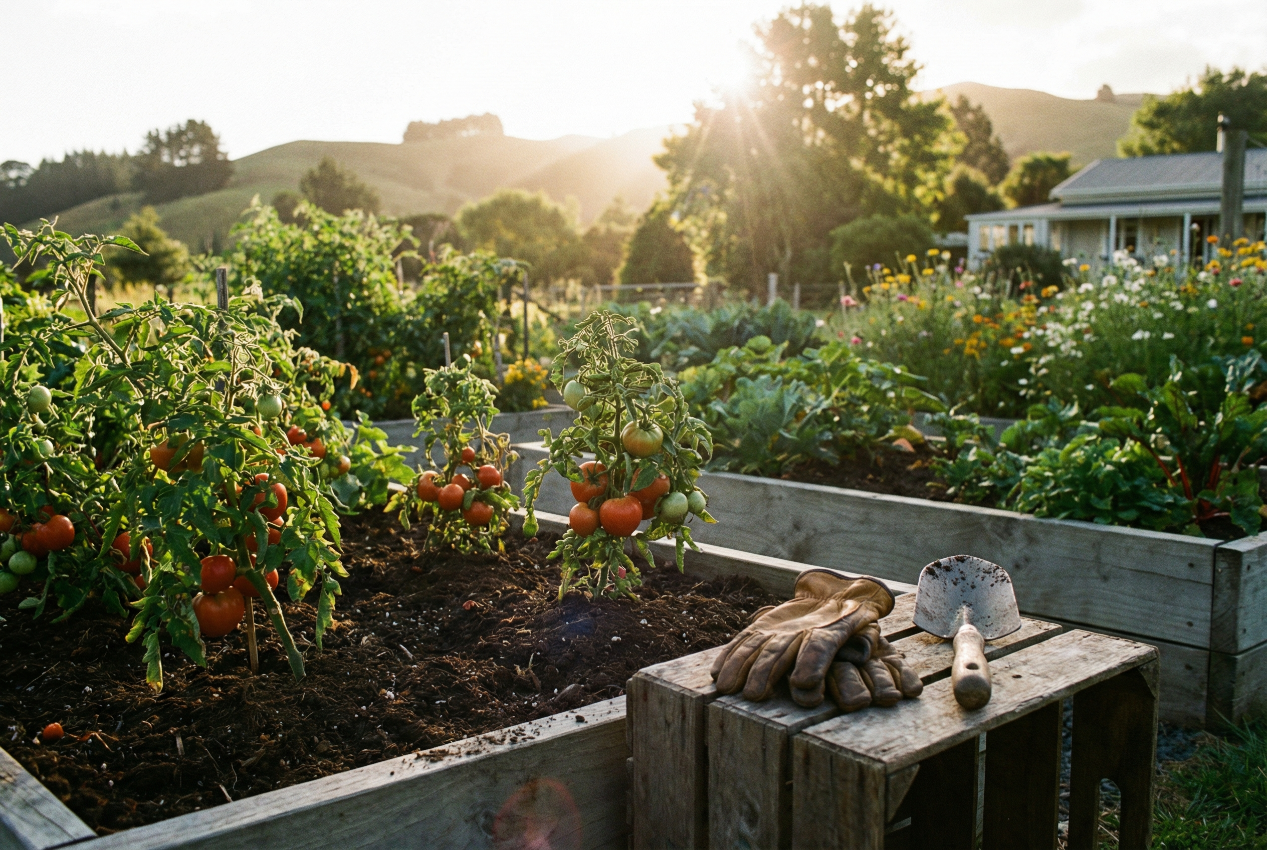 Rural organic garden scene in New Zealand. Tomato plants thriving in rich soil. Gardening gloves and small spade nearby. Soft golden sunlight.