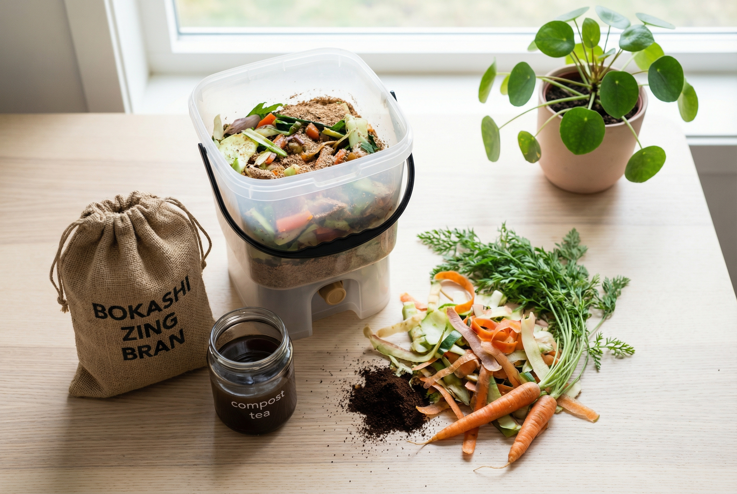 Flat lay image of Bokashi Zing compost bucket with:
• Bokashi bran bag
• Small container collecting compost tea
• Fresh vegetable scraps nearby
• Indoor plant in background on a kitchen table
