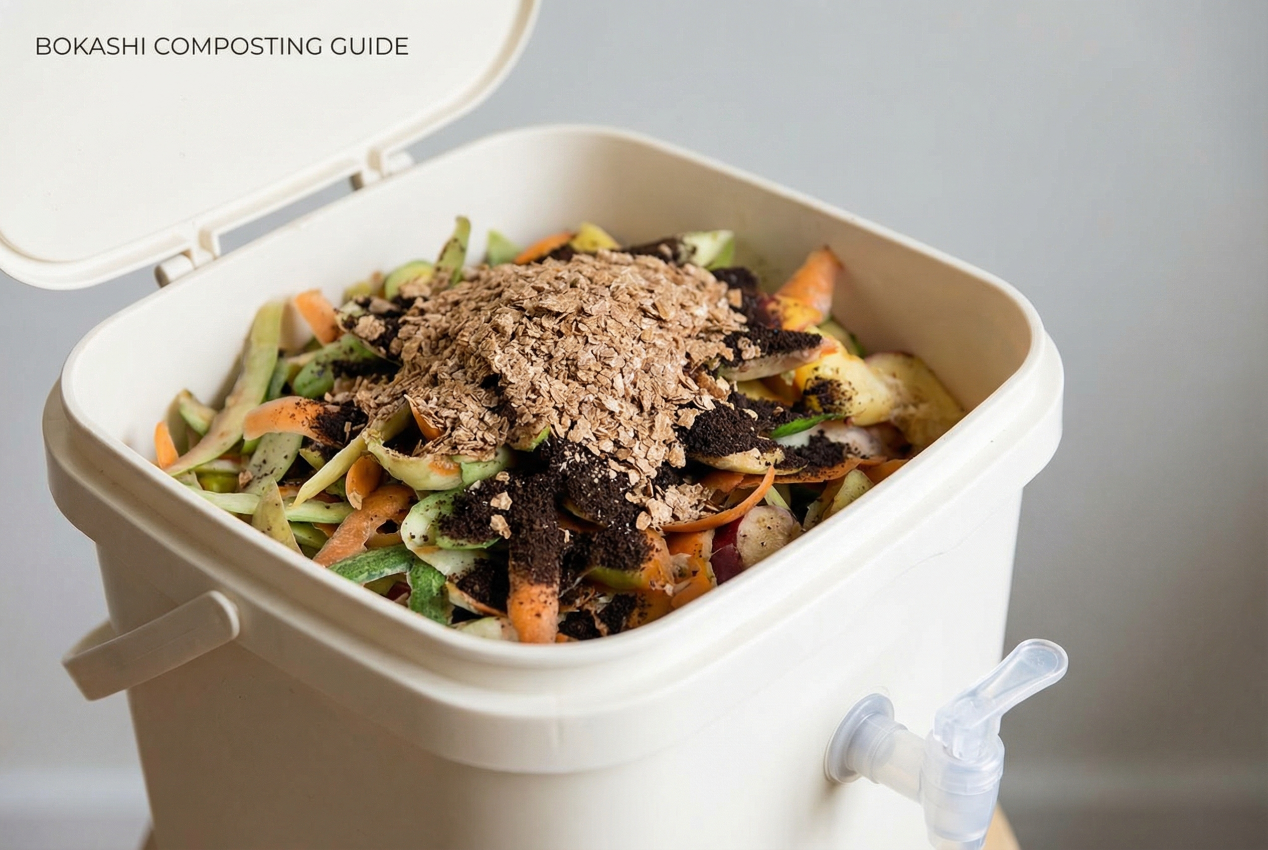 Close-up of a Bokashi compost bucket with lid open, layered food scraps inside with bokashi bran sprinkled on top. Clear visible tap at the bottom of the bucket. Neutral background.