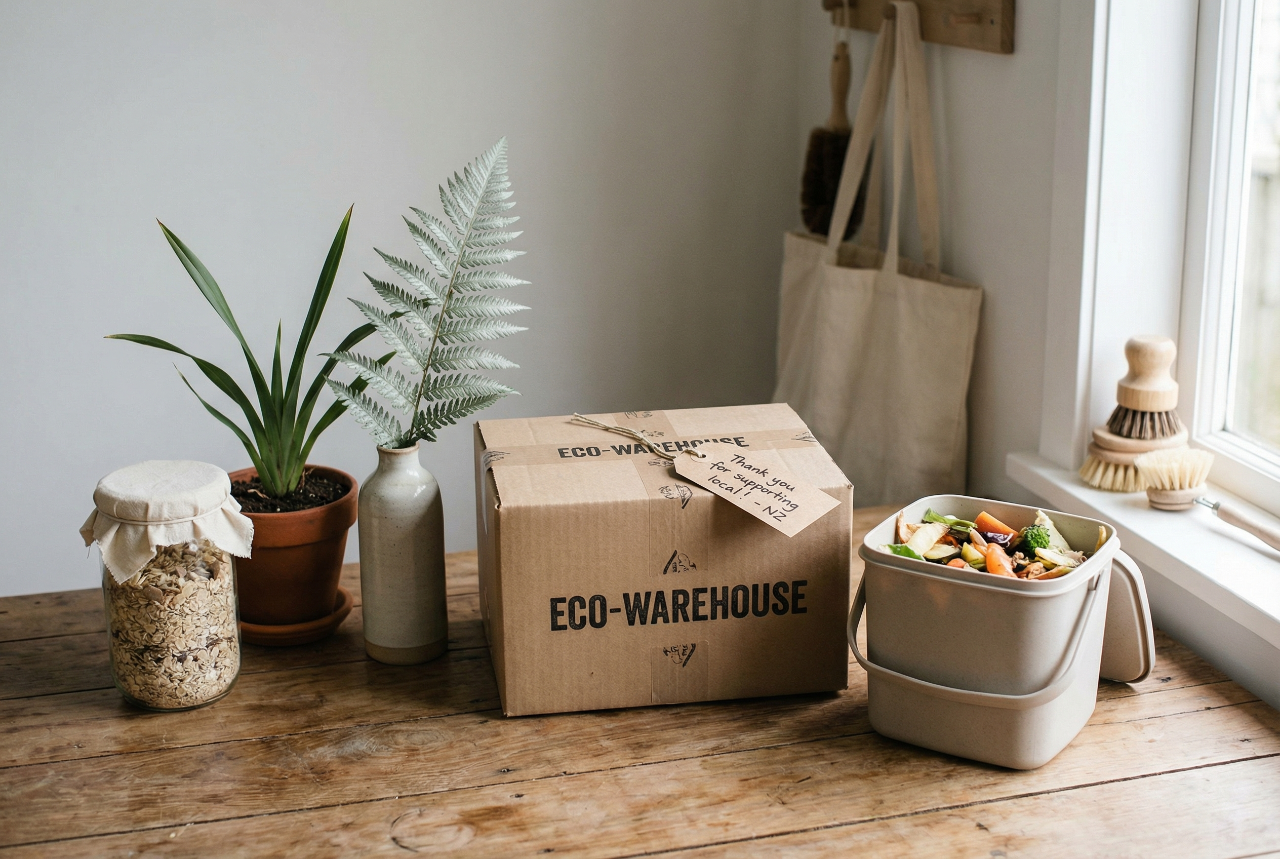 Photo of eco-friendly packaging, compost system, and subtle New Zealand native plants (fern frond, potted flax plant). Clean tabletop setting. 