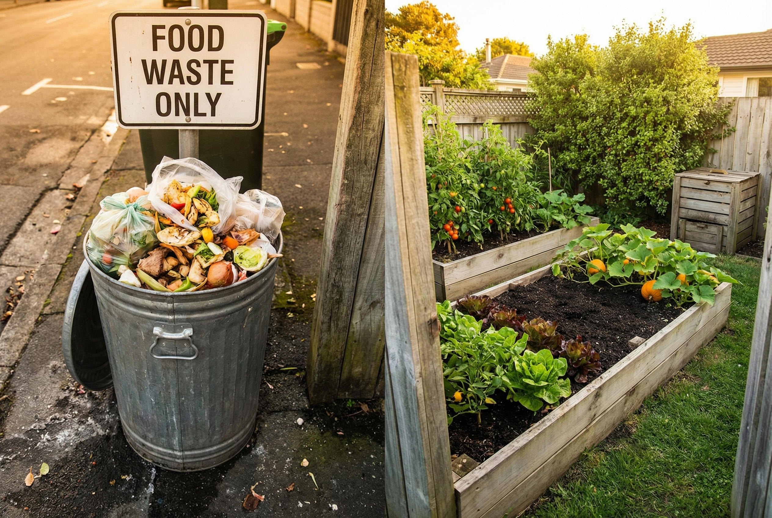 Split-style image. On one side: overflowing rubbish bin representing food waste. On the other side: thriving backyard vegetable garden in New Zealand with compost-rich soil. Warm natural lighting. Visual contrast between waste and sustainability.