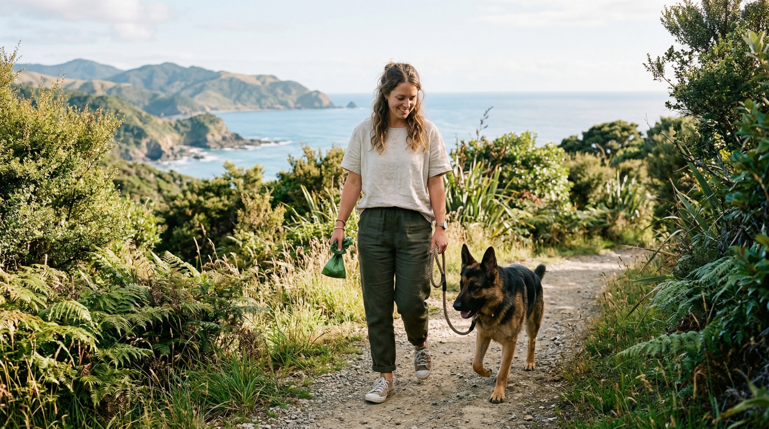 Female walking dog (a German Shepherd) on a NZ walking track holding an eco-friendly dog poop bag.