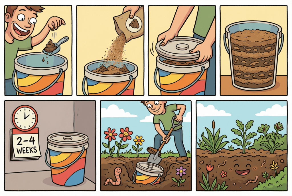 Cartoon images of the steps to using a bokashi pet waste system