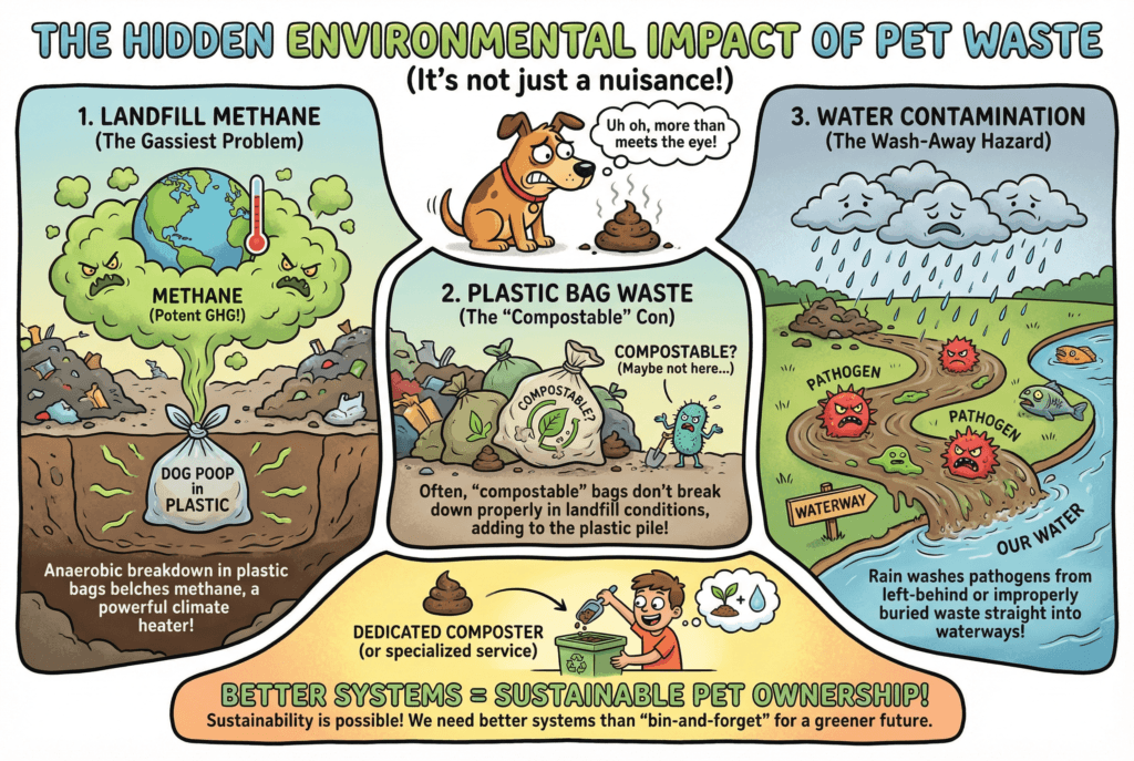 Info gram in cartoon format depicting the hidden impact of pet waste on the environment.