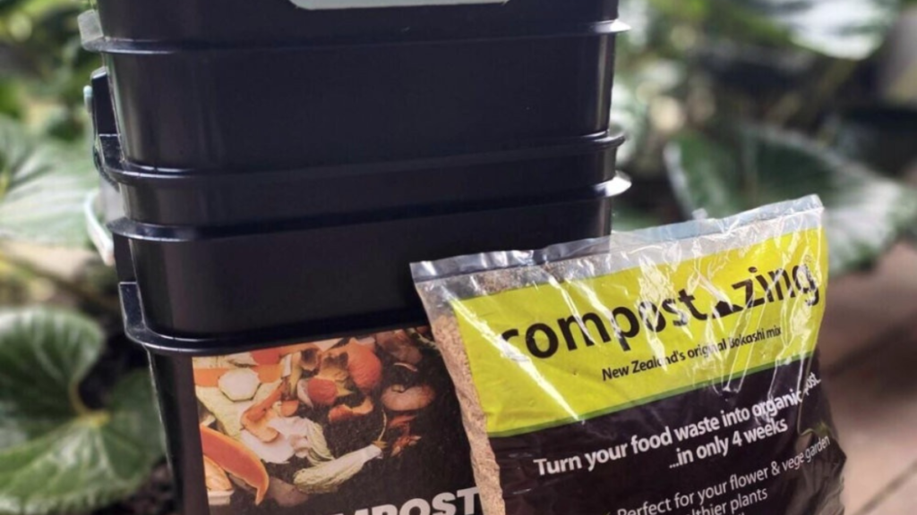 Bokashi compost bin and bag of bran