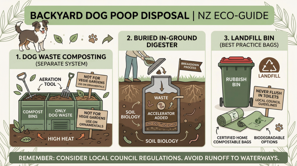 eco-friendly infographic style image showing backyard dog poop disposal methods