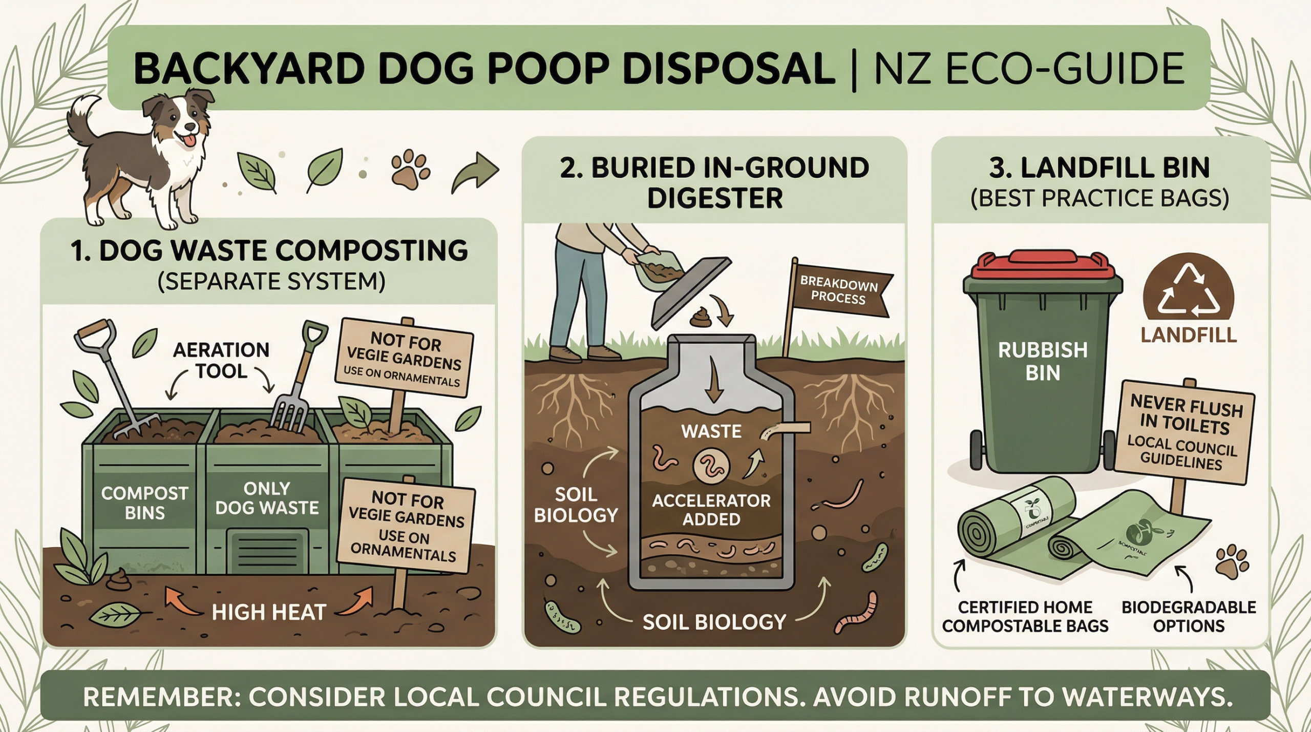 eco-friendly infographic style image showing backyard dog poop disposal methods