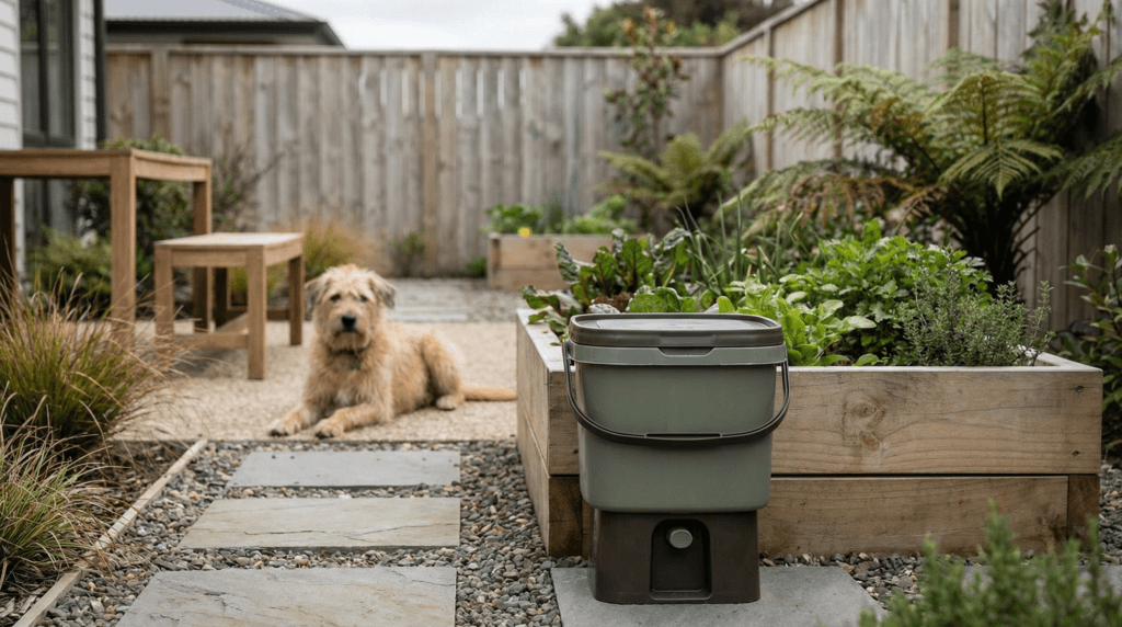 A backyard garden in New Zealand with a bokashi-style compost bucket placed neatly near a small garden bed, a dog in the background,