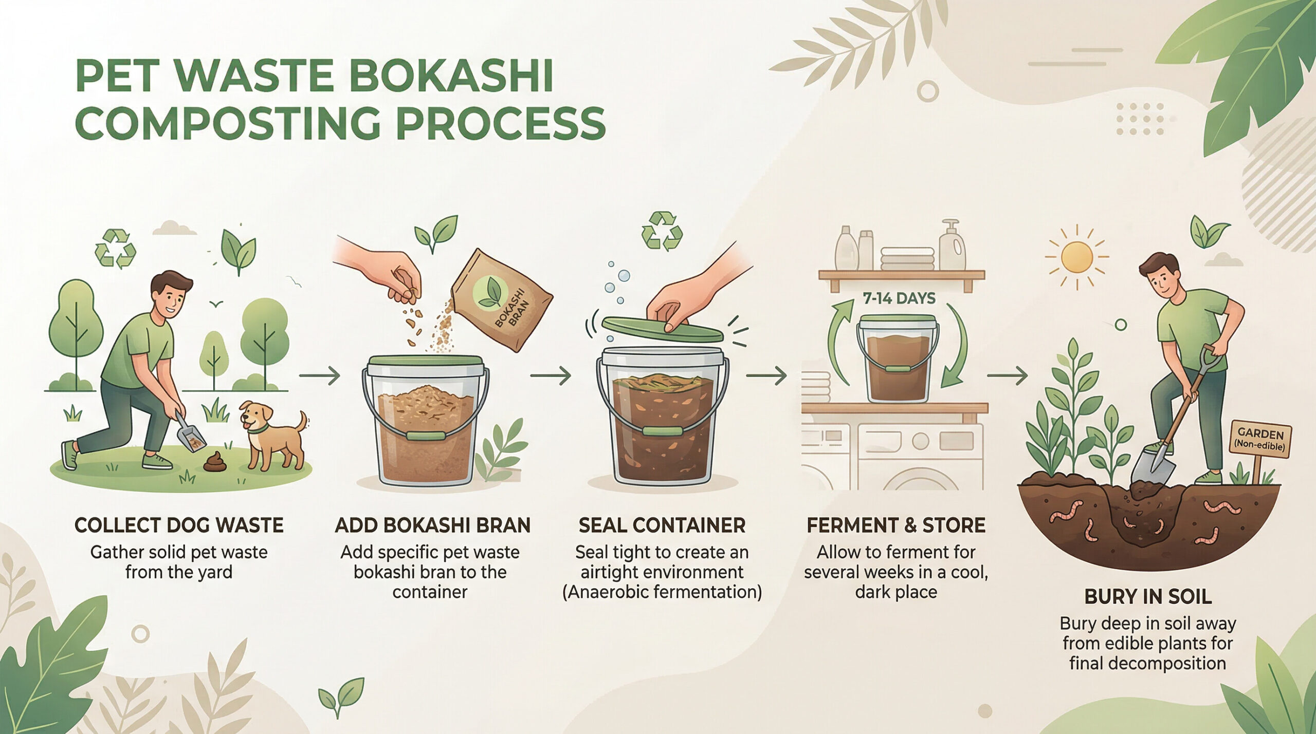 Eco-friendly infographic style image showing the pet waste bokashi composting process