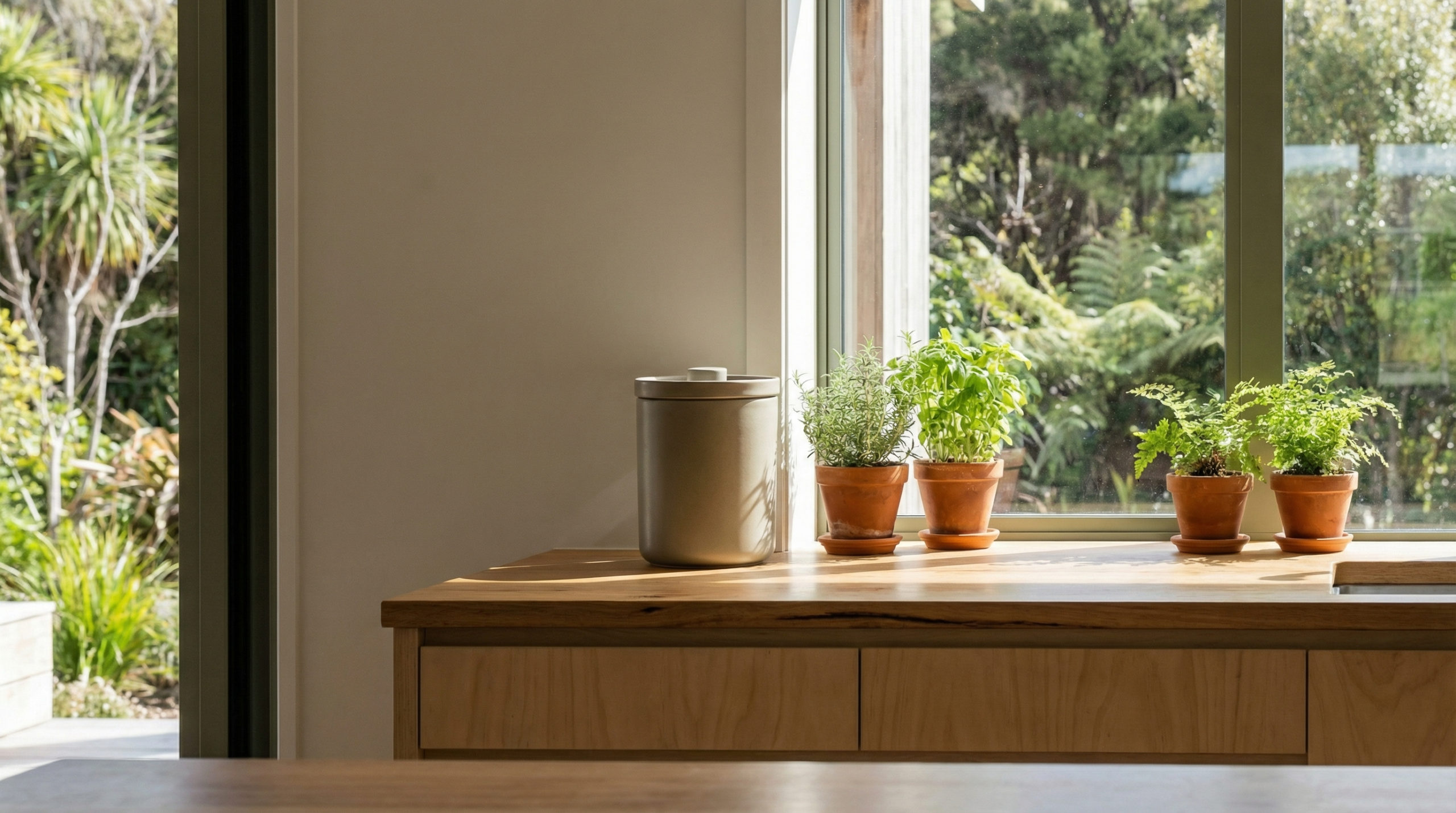 Modern New Zealand kitchen with a compact bokashi compost bin on the counter, natural daylight through window, minimal eco-friendly aesthetic, wooden bench top, subtle green plants.