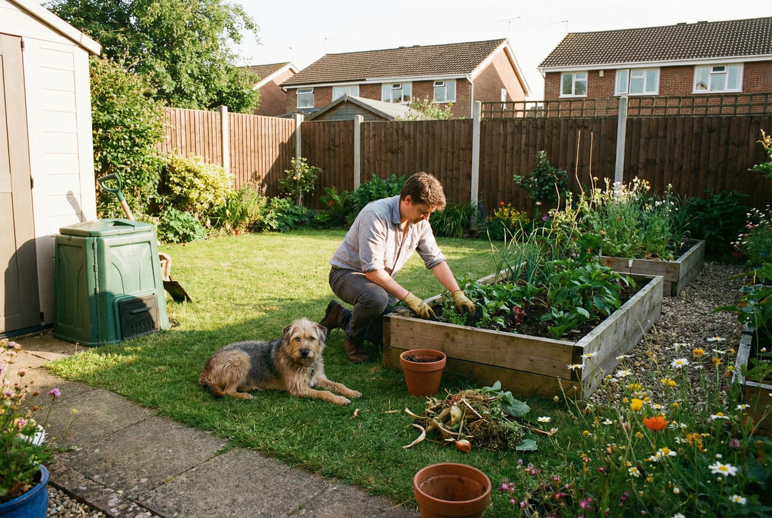 Eco-conscious homeowner gardening in a tidy suburban backyard, medium-sized dog nearby, compost bucket visible in background.