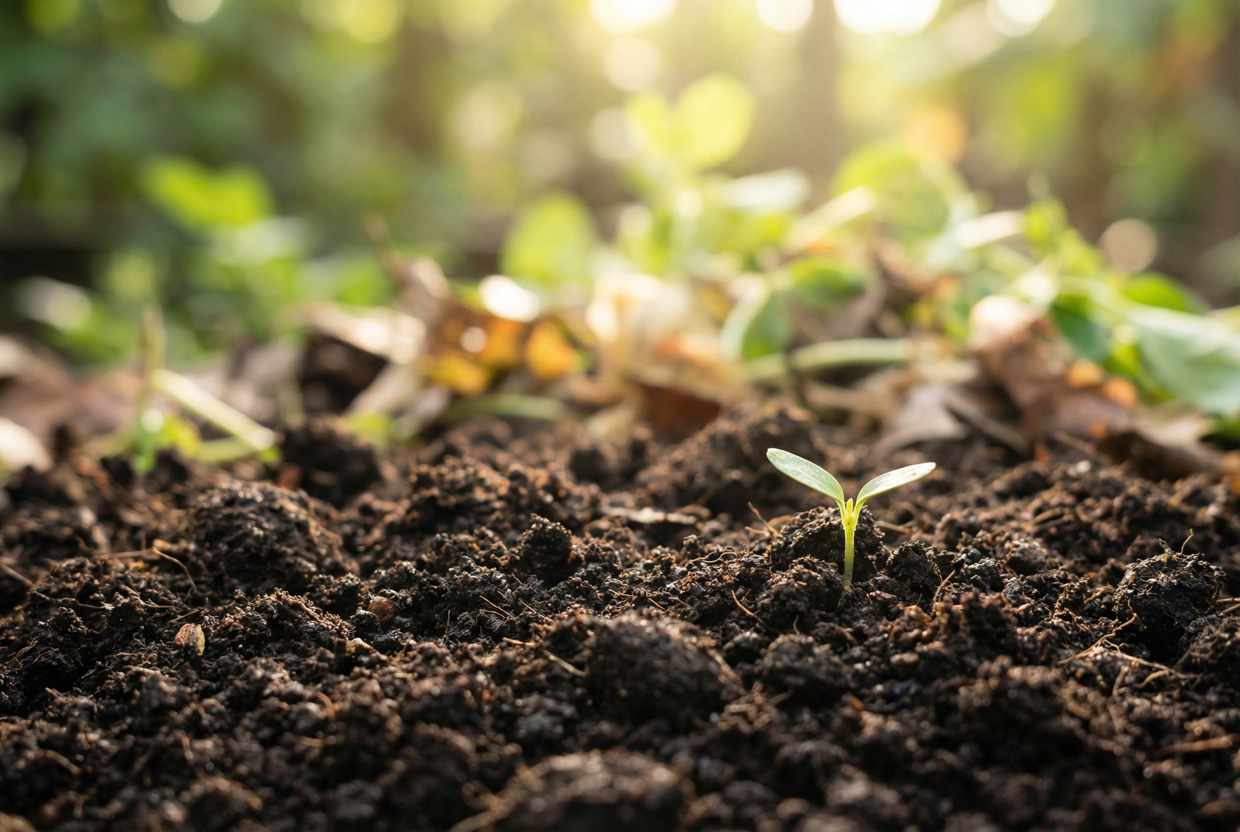 Close-up of rich compost soil with small green plant sprouting in foreground, soft sunlight, blurred background suggesting environmental renewal.