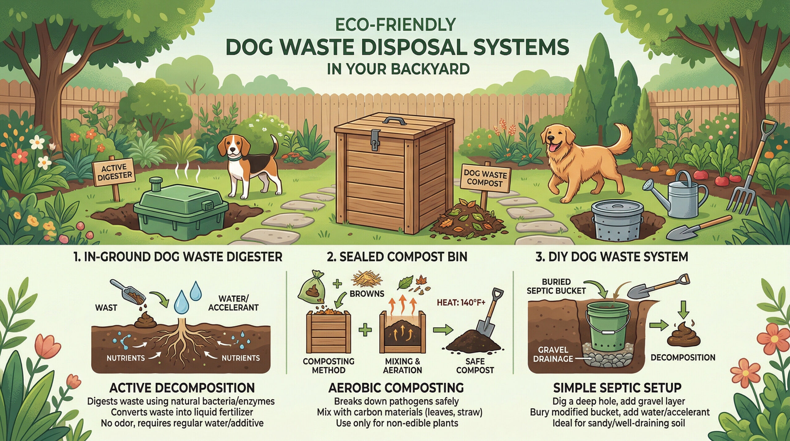 Infographic image showing different dog waste disposal systems in a backyard setting.