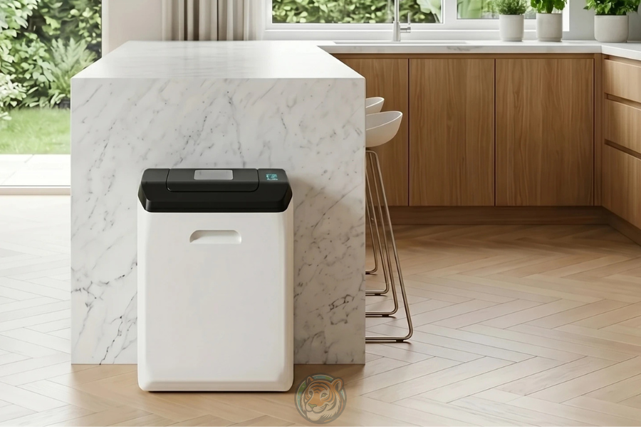 GEME Terra 2 Composter placed at the end of modern kitchen island